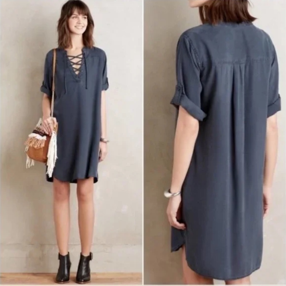 Anthropologie Cloth & Stone Xander Tie Neck Tunic Blue Dress Chambray Size PXS